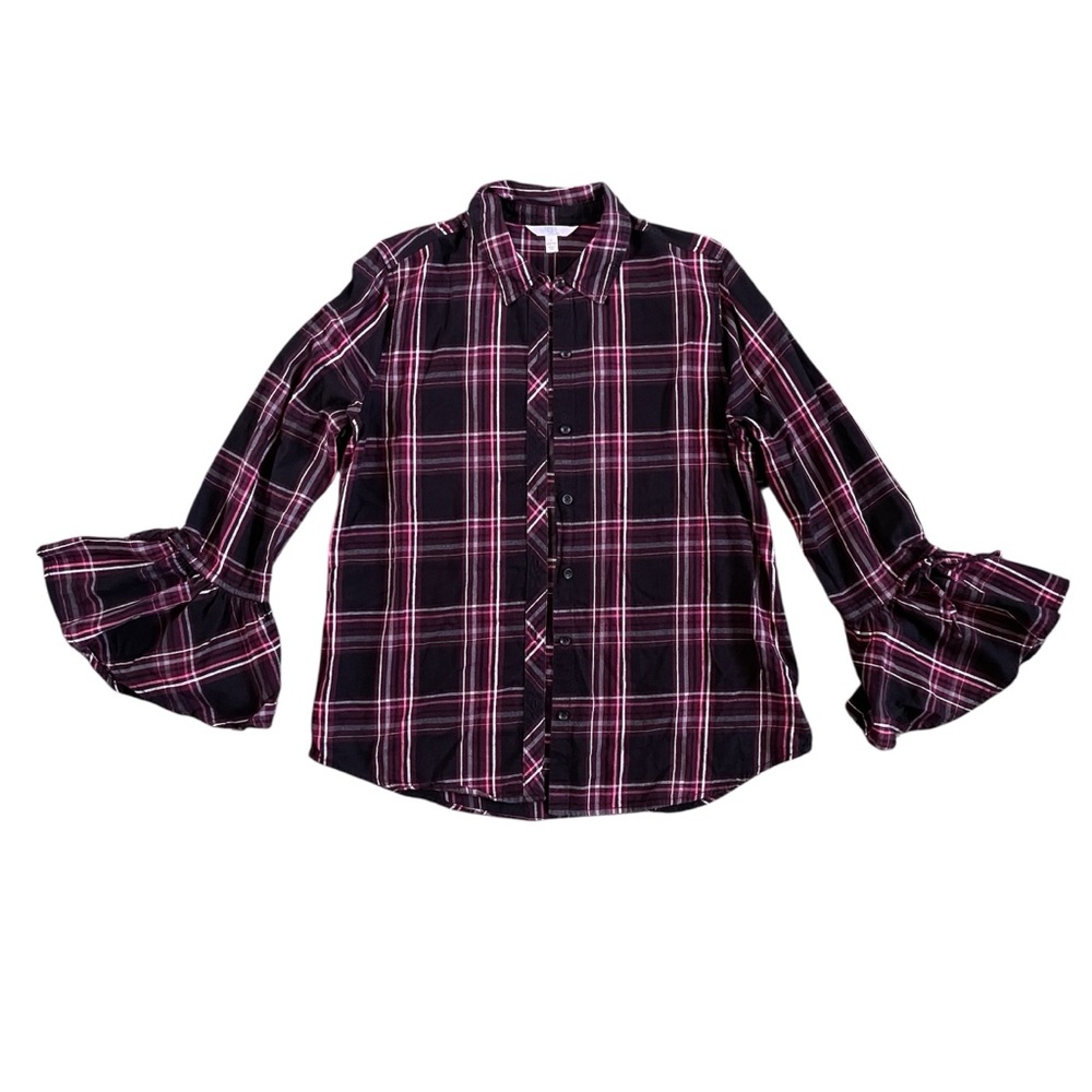 Time and Tru Women’s Pink and Black Flare Sleeve Plaid Top
